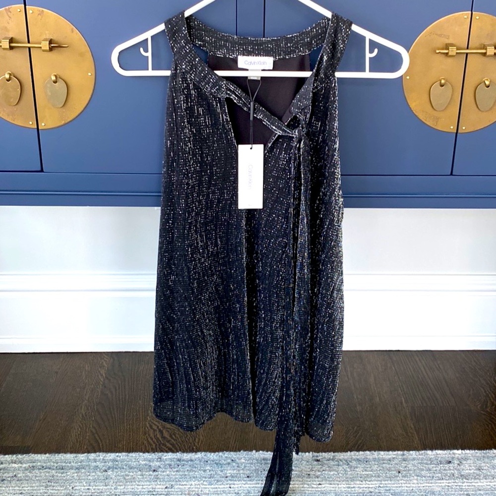 NWT Calvin Klein halter black metallic shell with silk layer underneath